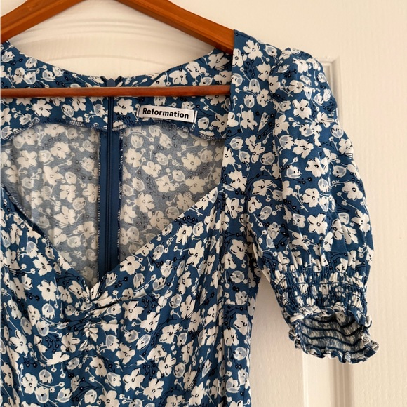 Reformation Blue Floral Puff Sleeve Long Dress with Slit - Picture 4 of 5